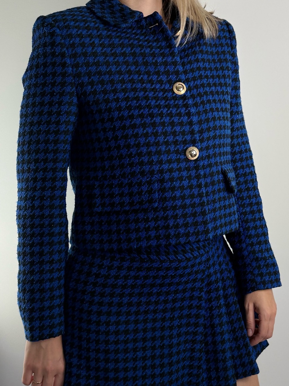 ZARA Houndstooth Tweed Cropped Blazer Jacket Blue Black Gold Buttons Zara Blue